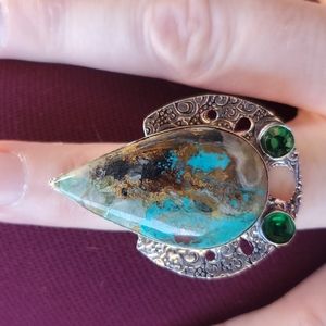 New Oversized Chrysocolla & Diopside 925 Silver Statement Ring.